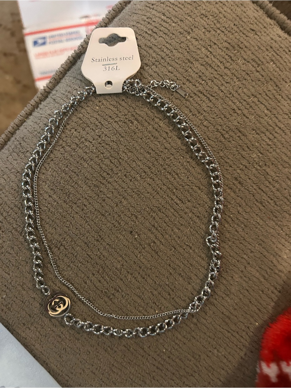 Silver-Tone Double Chain Necklace with Logo Pendant, NEW stainless - Picture 2 of 5